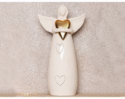 Dekoračná soška LED anjel so zlatým srdcom, biela%